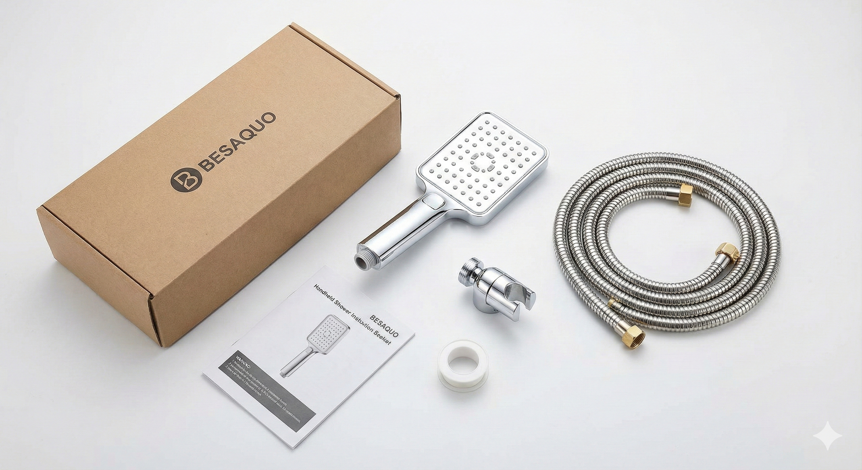 BESAQUO shower head unboxing showing all included components