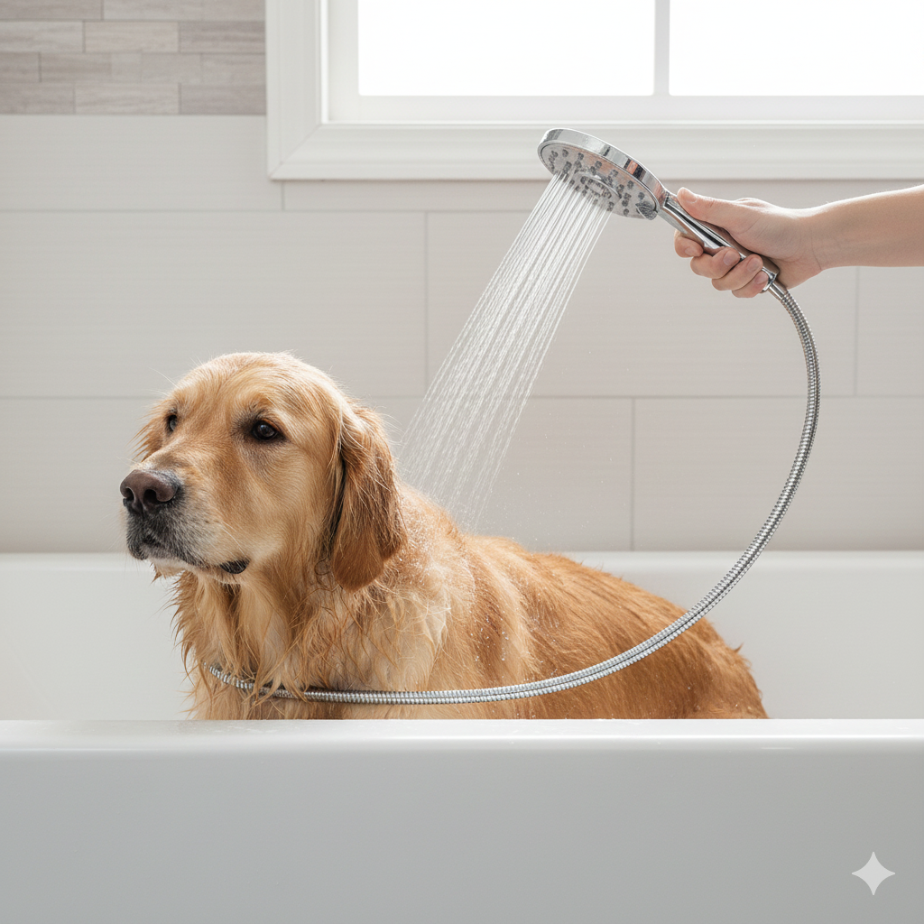 AquaCare shower head being used to bathe a dog in the tub