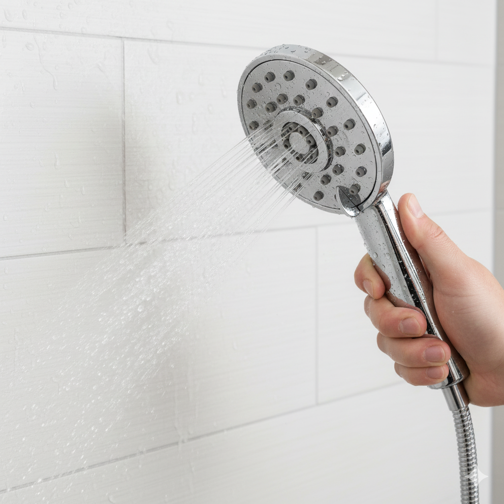 AquaCare shower head demonstrating power wash feature cleaning bathroom tiles