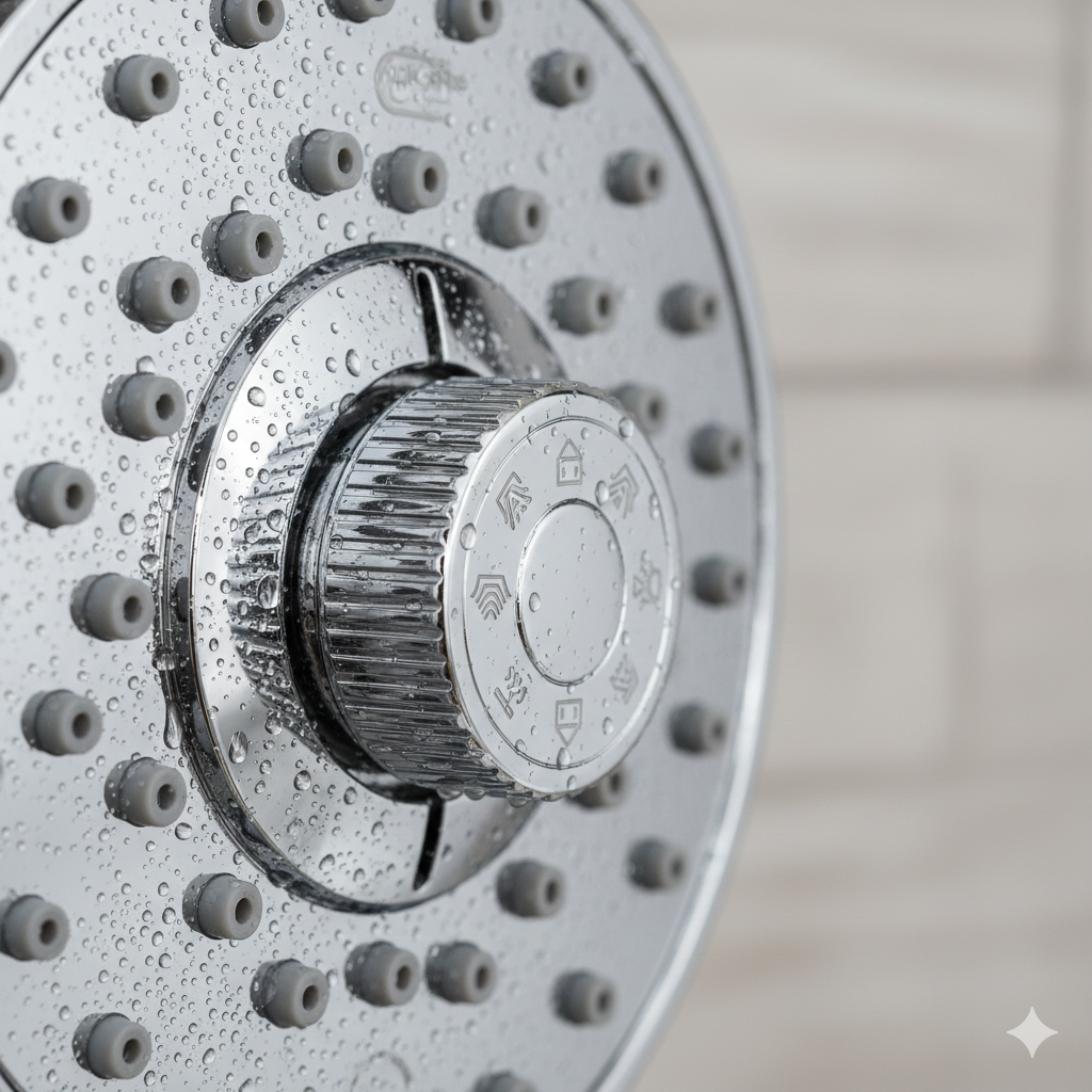 Close-up of AquaCare shower head dial showing multiple spray settings