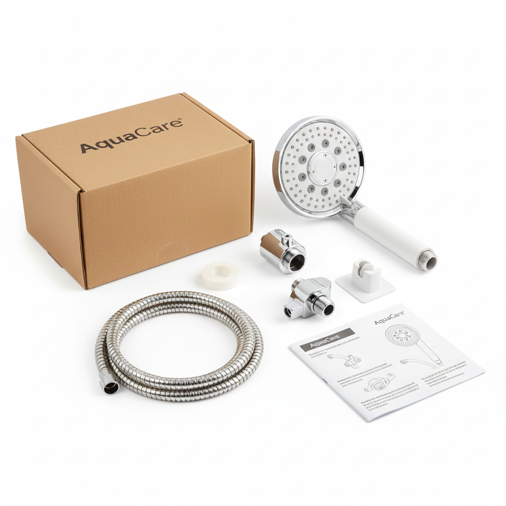 AquaCare shower head unboxing showing all included components