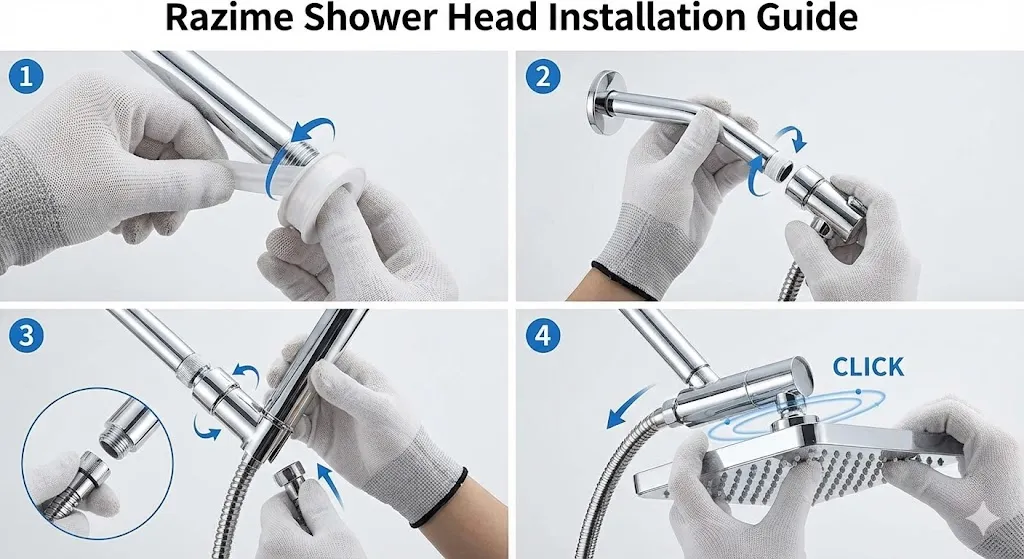 Razime shower head installation process showing adjustable angle arm