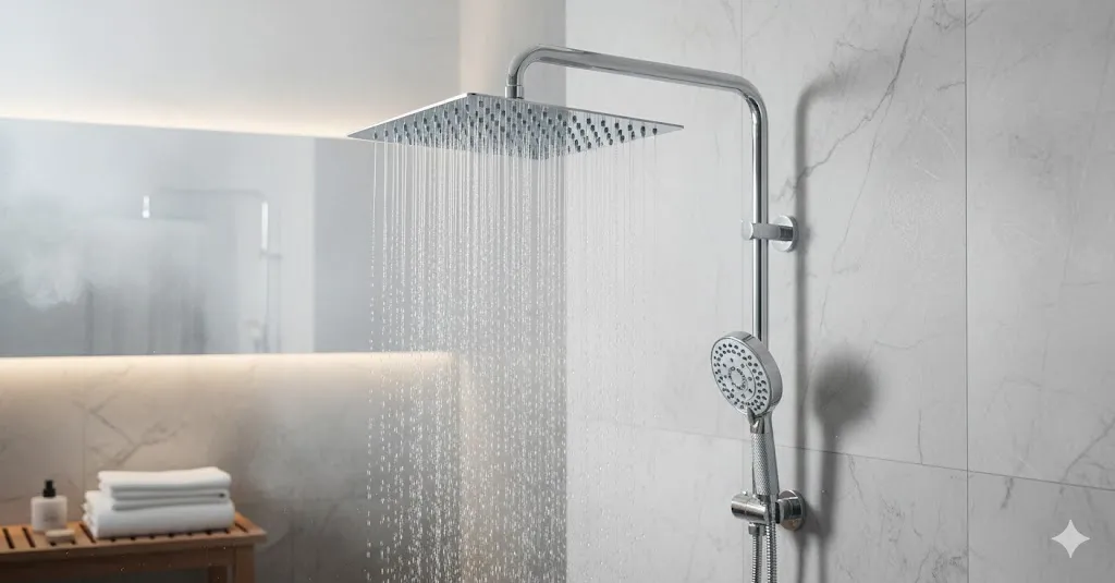 Razime 12-inch rainfall shower head showing water coverage pattern